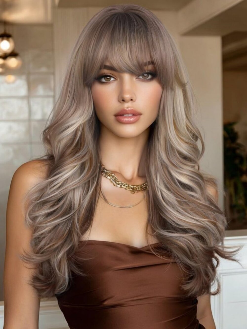 Long Brown Blonde Ombre Curly Wig with Bangs - 26 Inch Stylish Hairpiece